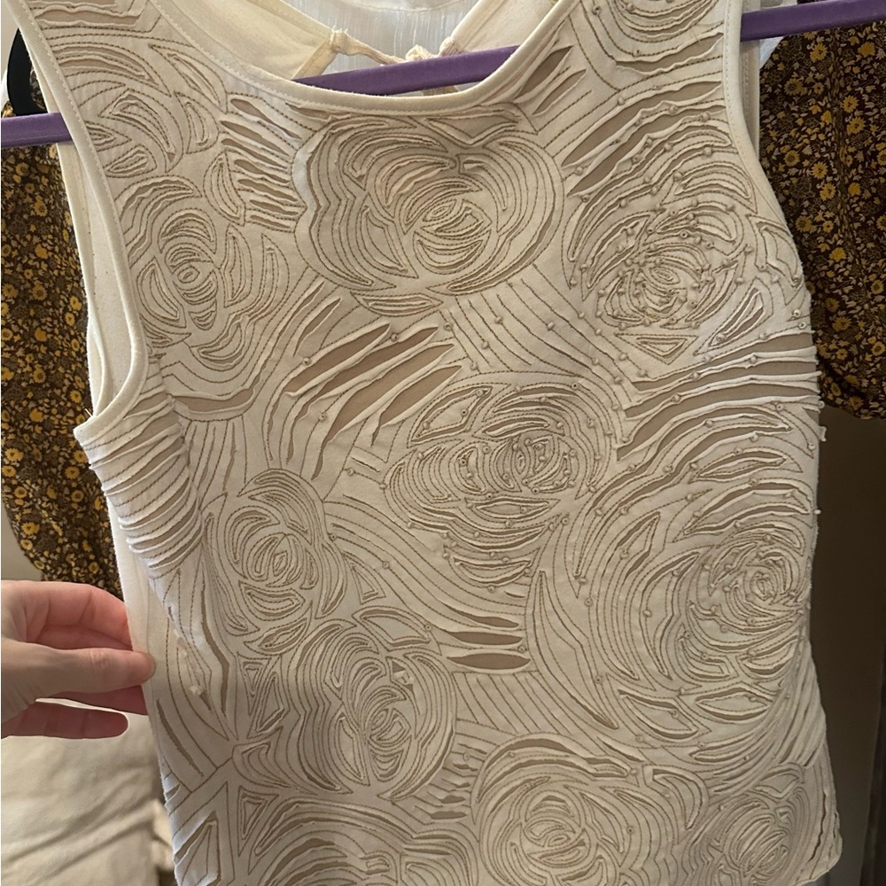 Anthropologie Cream Textured Floral Tank Top